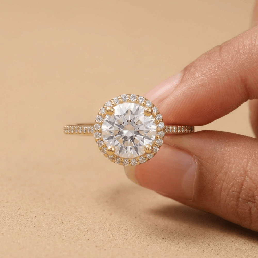 Round moissanite center stone in halo setting