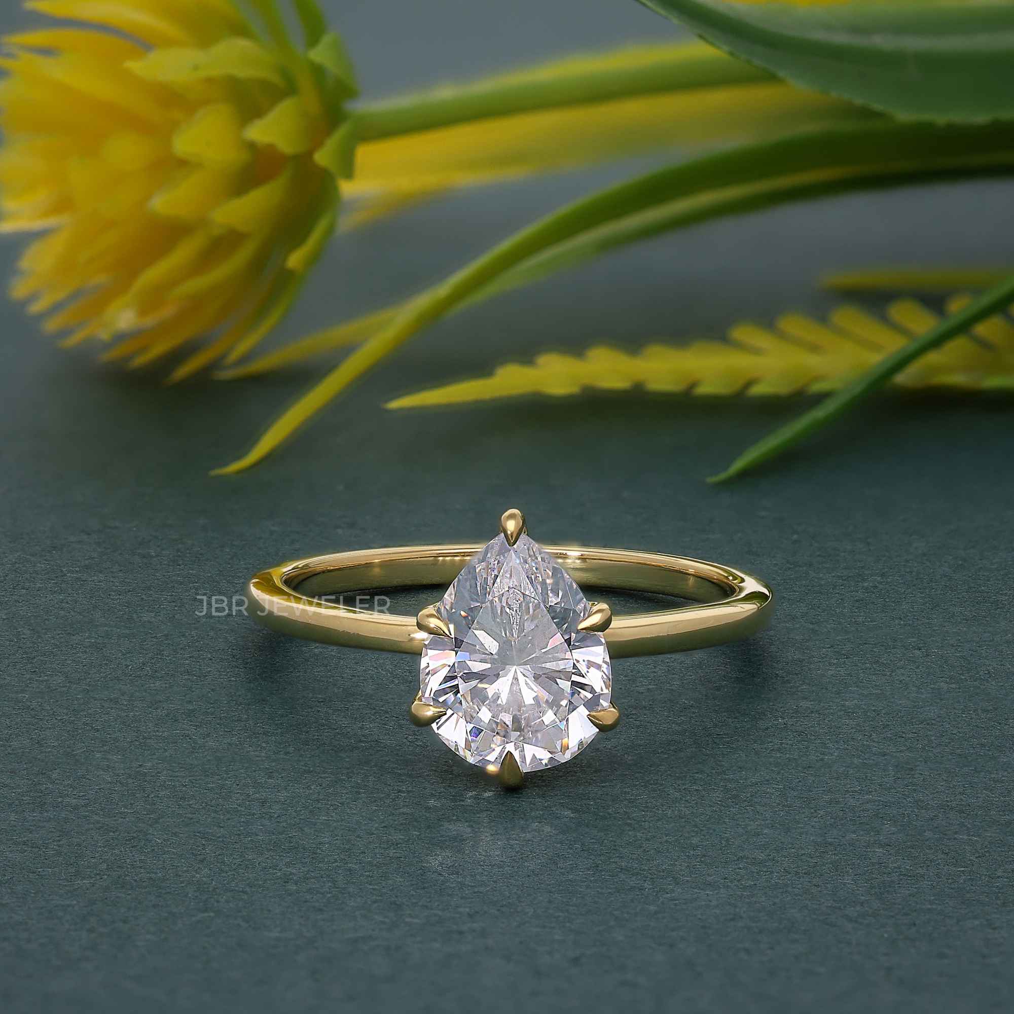 Six Prong Pear Cut Moissanite Solitaire Engagement Ring