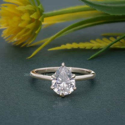 Six Prong Pear Cut Moissanite Solitaire Engagement Ring