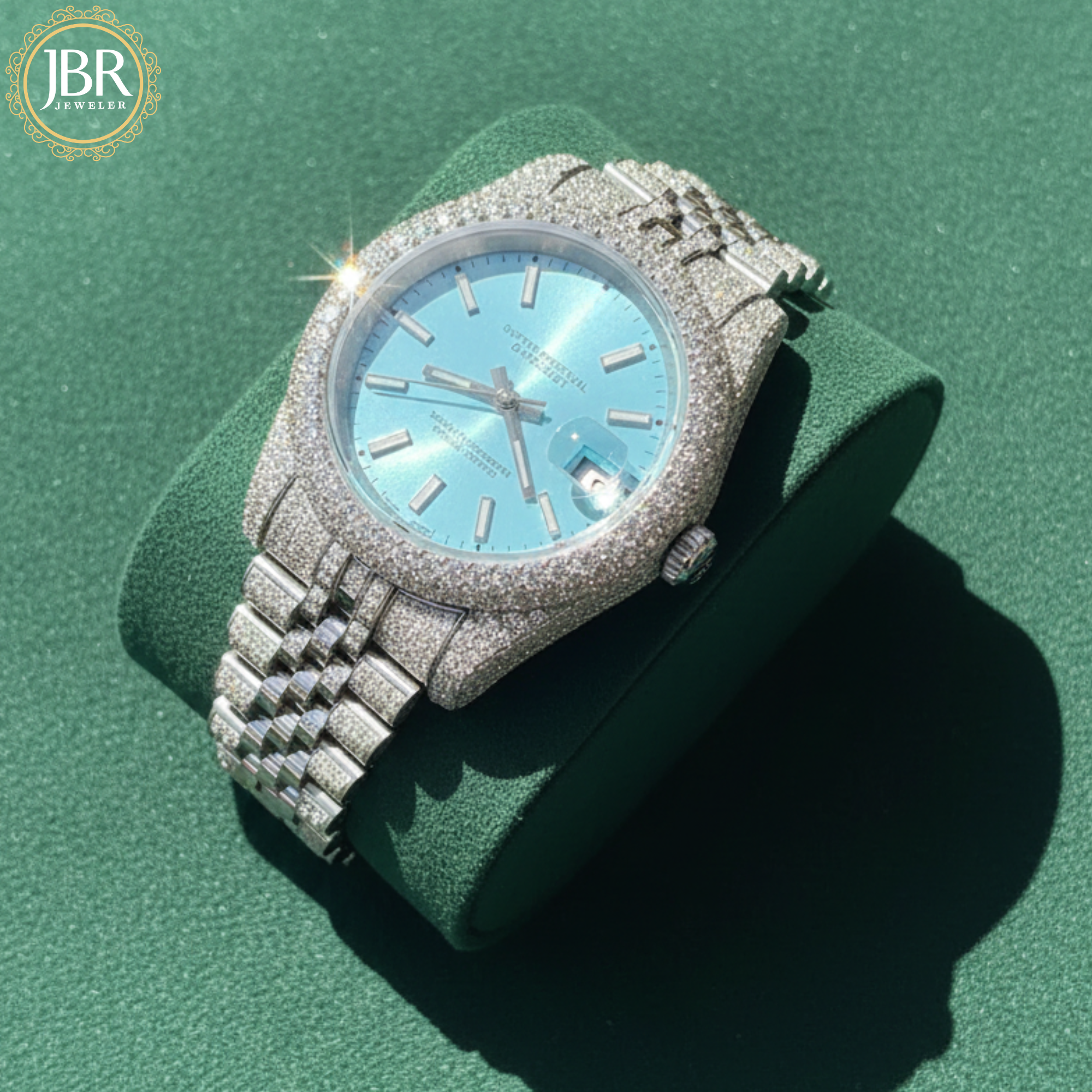 Sky Blue Dial Jubilee Belt Hip Hop Moissanite Watch For Men