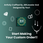 Promotional graphic for JBRJeweler with jewelry icons and a call to action to start a custom order.