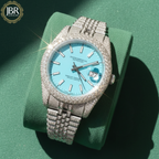 Sky Blue Dial Jubilee Belt Hip Hop Moissanite Watch For Men