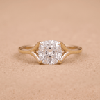 Moissanite cushion solitaire ring front angle view by JBR Jeweler