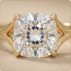 Cushion cut moissanite solitaire ring close-up