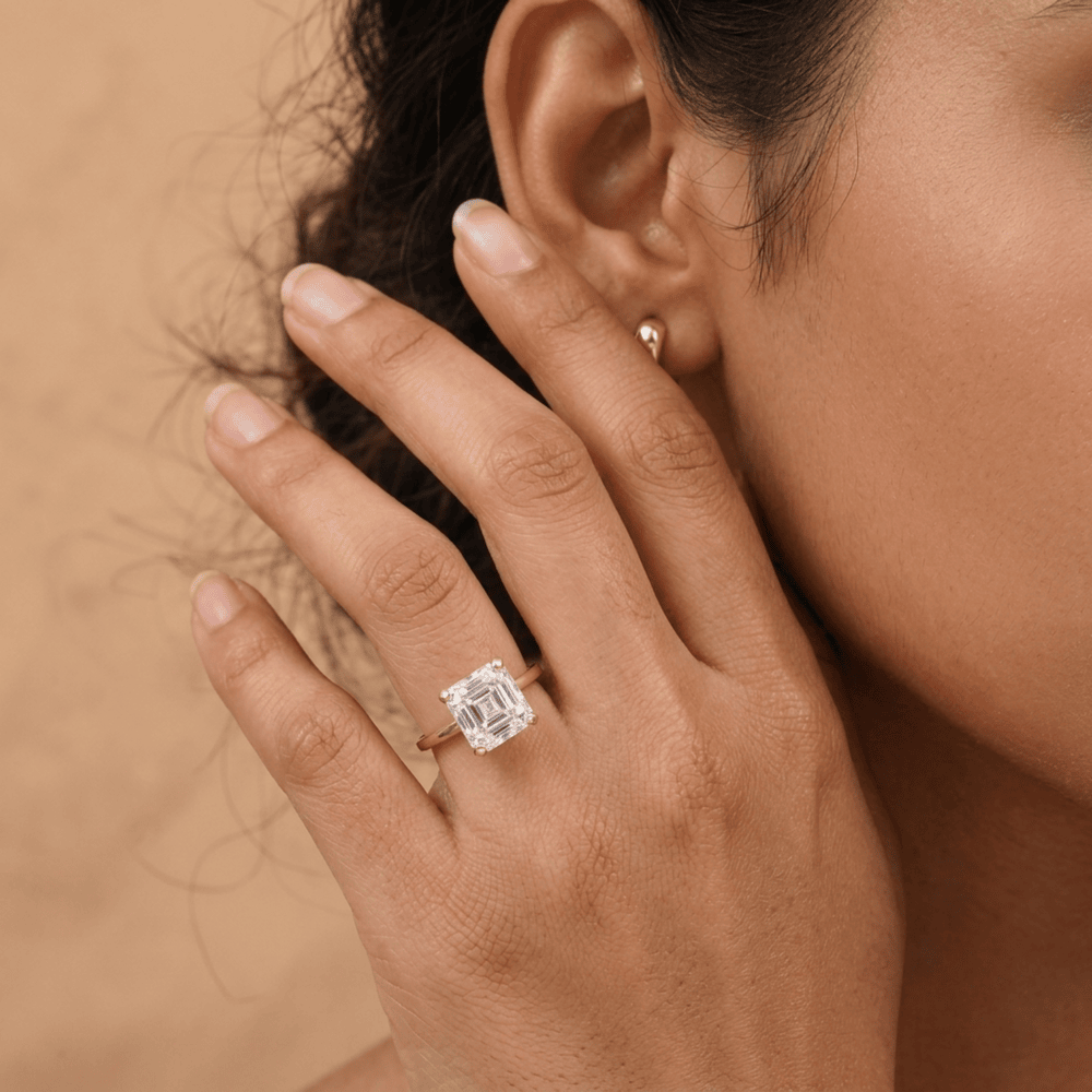 Asscher moissanite bridal ring styled for proposal