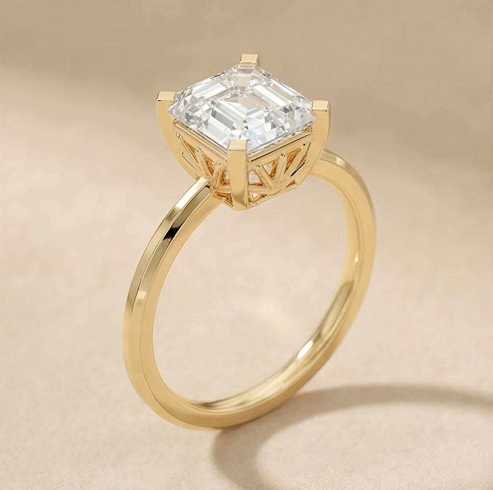 Asscher cut solitaire moissanite ring close-up view