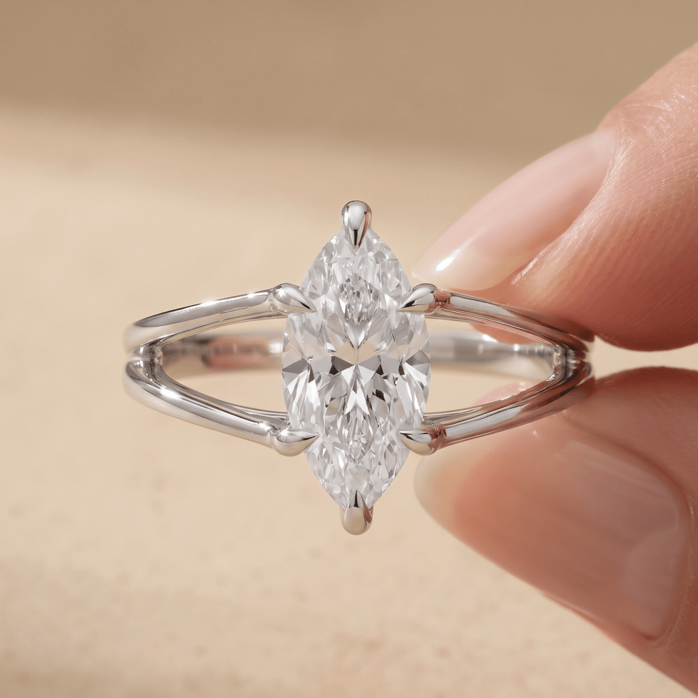 Marquise moissanite 14K gold ring worn on finger lifestyle photo