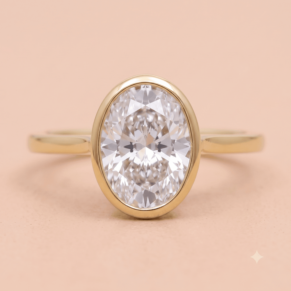 Oval solitaire bezel engagement ring front view