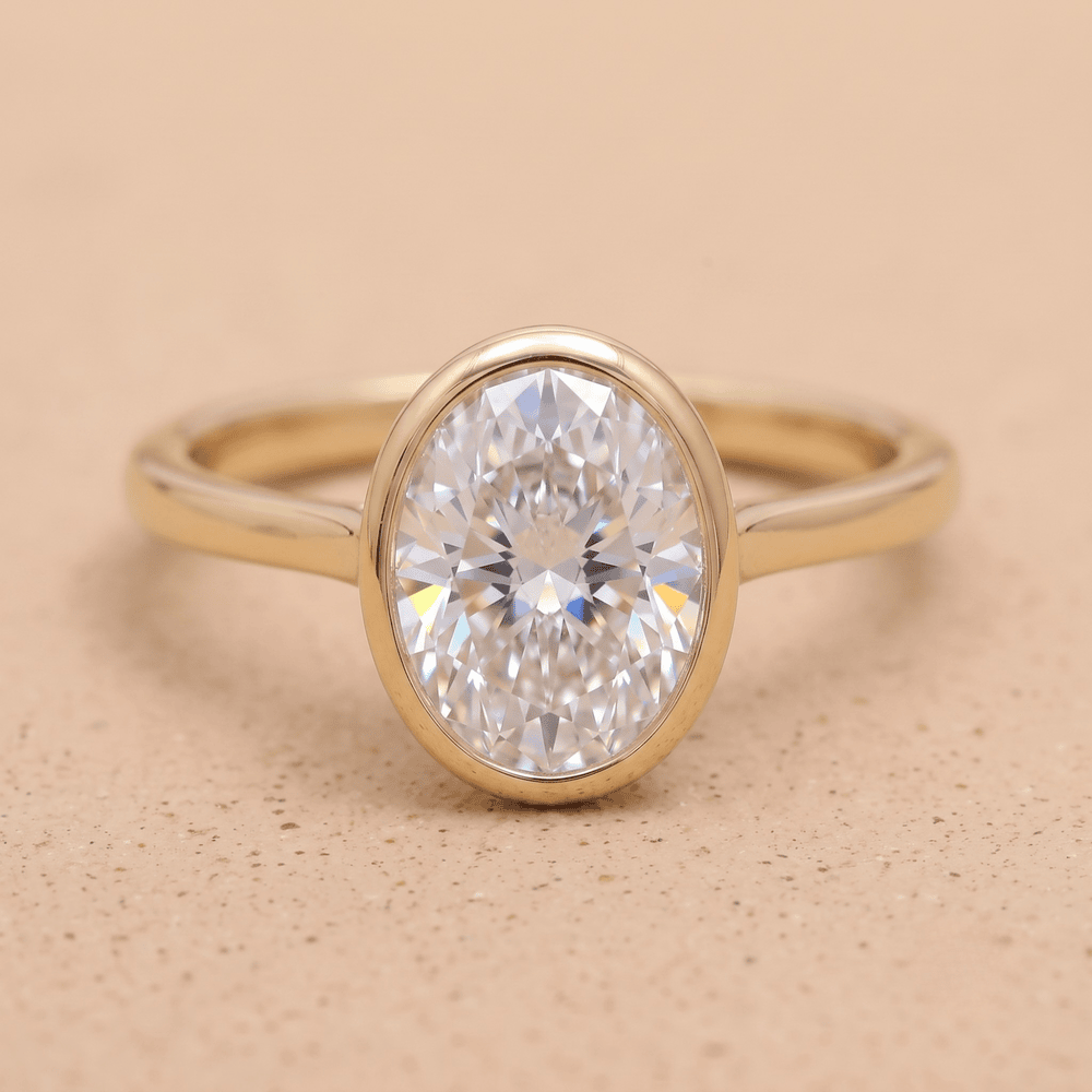 Oval lab grown diamond solitaire in bezel setting