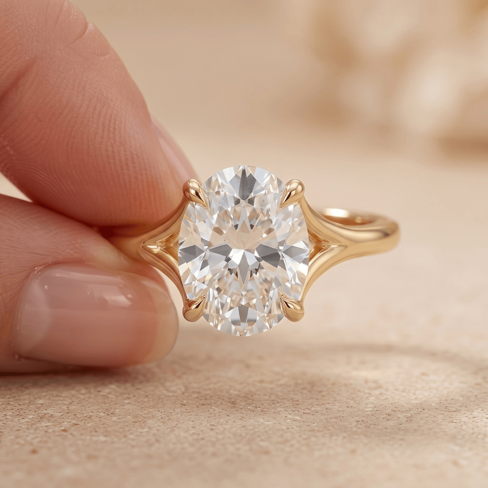 Ethically sourced solitaire oval diamond ring on model's hand