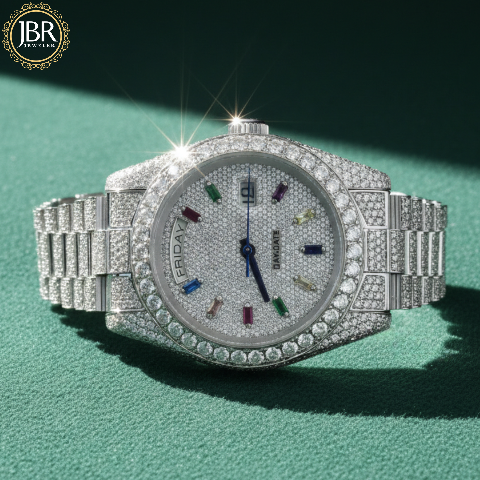 Stainless Steel Fully Iced Out Colorful Bar Diamond Baguette Watch