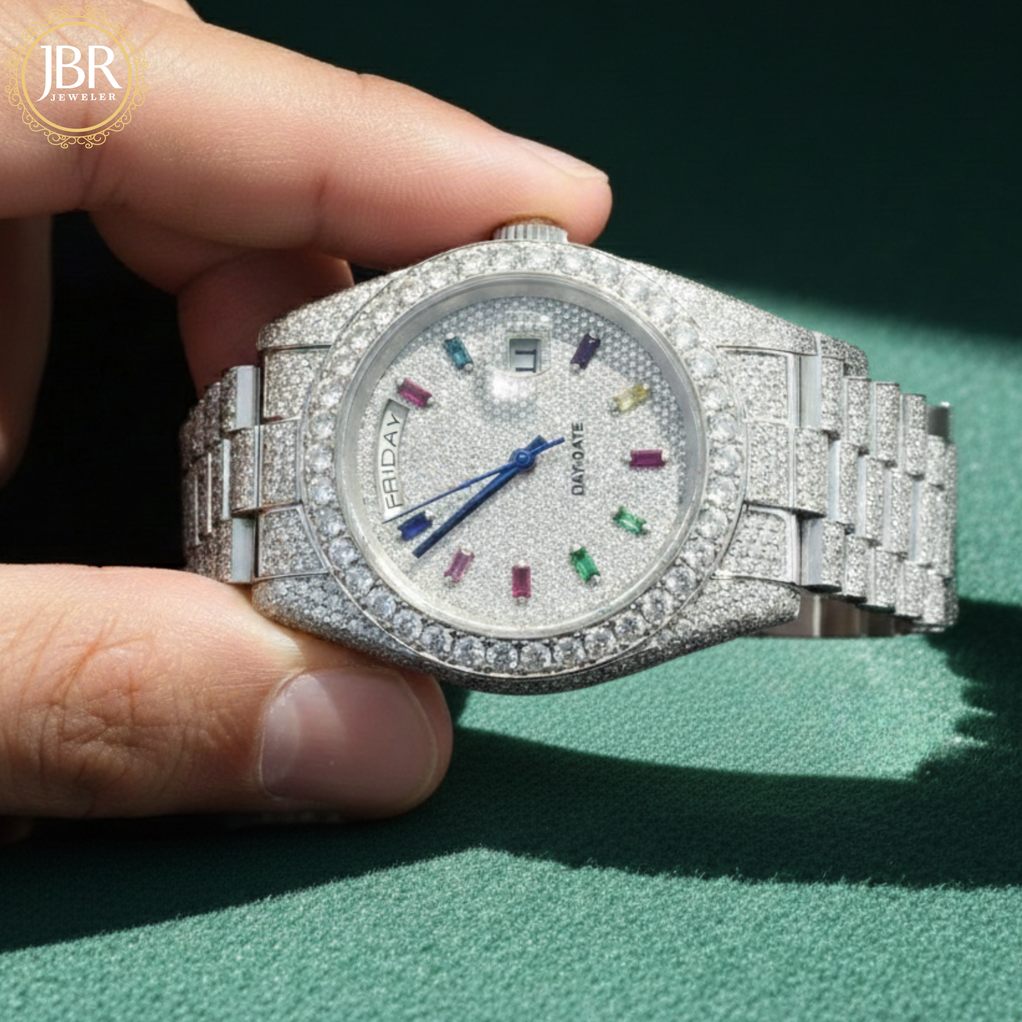 Stainless Steel Fully Iced Out Colorful Bar Diamond Baguette Watch