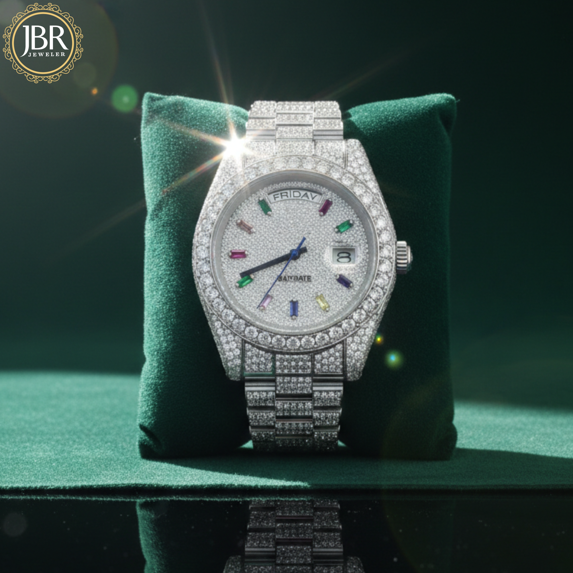 Stainless Steel Fully Iced Out Colorful Bar Diamond Baguette Watch