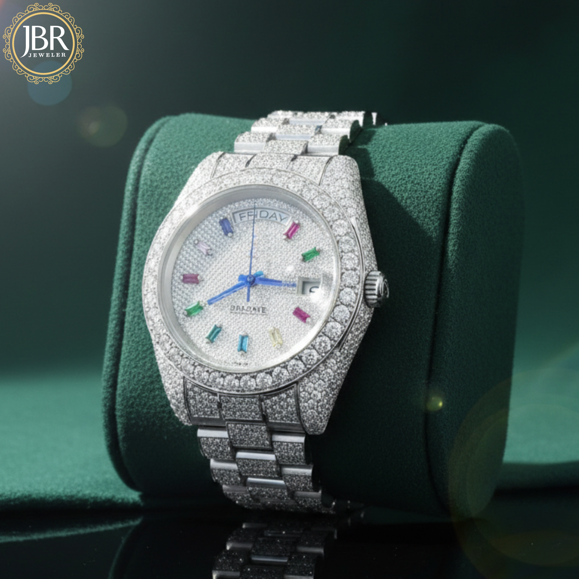 Stainless Steel Fully Iced Out Colorful Bar Diamond Baguette Watch