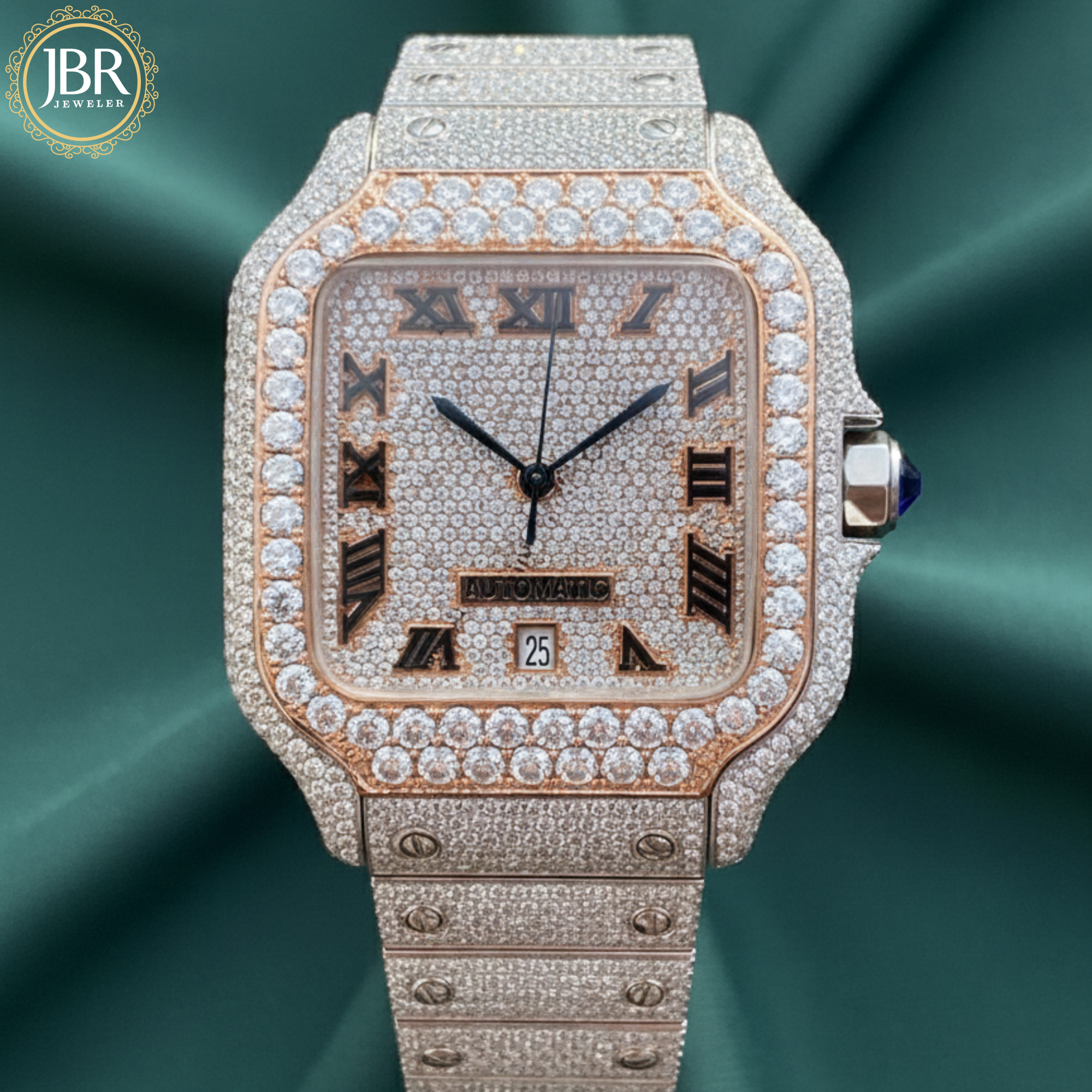 Luxury diamond-encrusted watch with rose gold accents on a green gradient background, featuring the JBR Jewels logo.