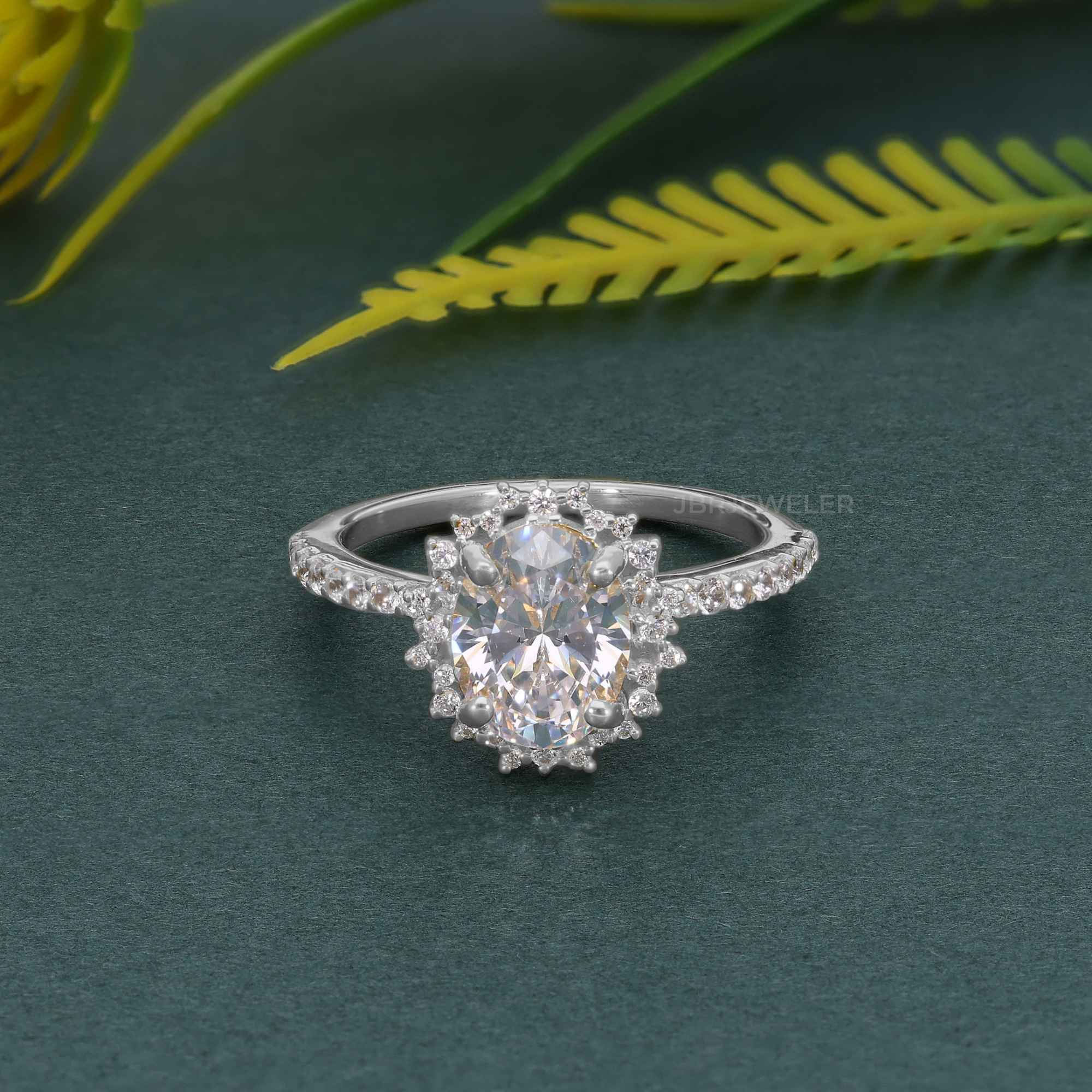 Sunburst Oval Cut Moissanite Diamond Halo Engagement Ring - JBR Jeweler
