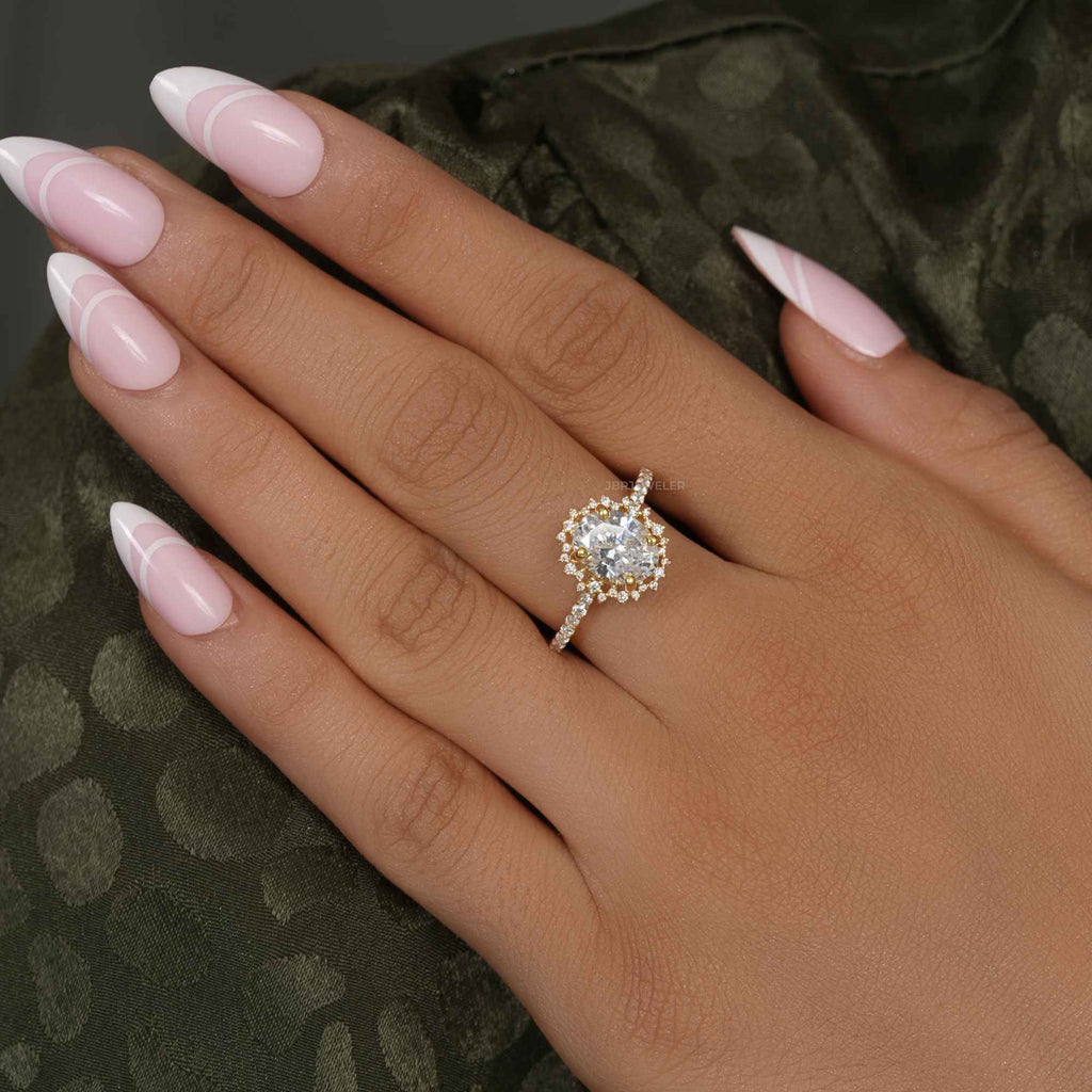 Sunburst Oval Cut Lab Diamond Halo Engagement Ring - JBR Jeweler