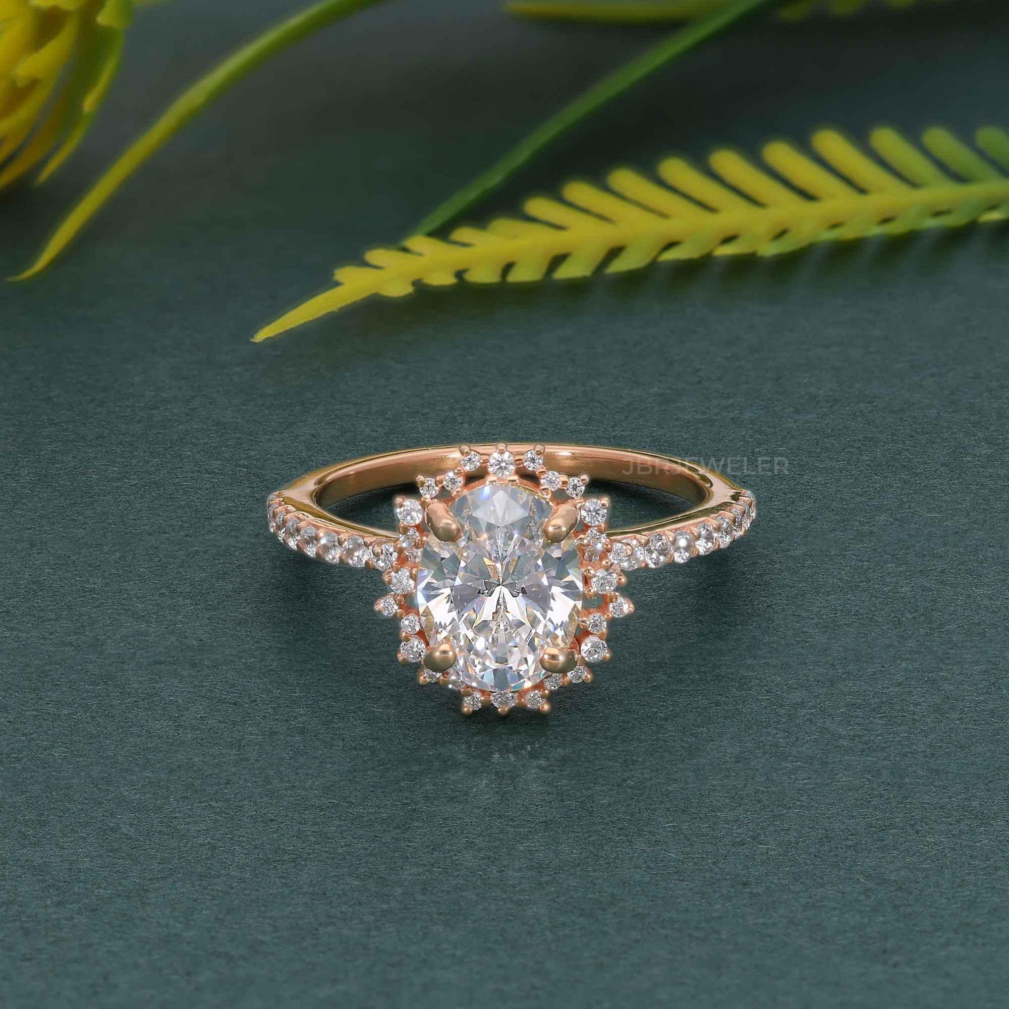 Sunburst Oval Cut Moissanite Diamond Halo Engagement Ring - JBR Jeweler