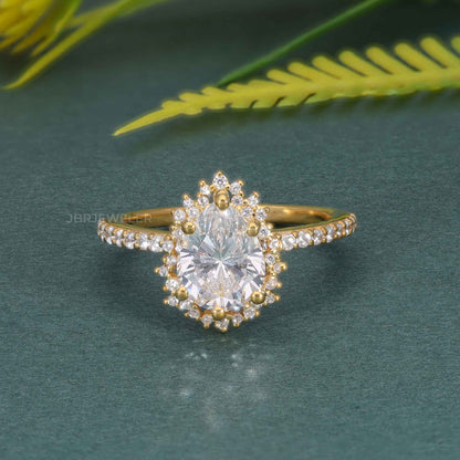 Sunburst Pear Cut Lab Diamond Halo Engagement Ring