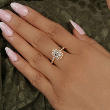 Sunburst Pear Cut Moissanite Diamond Halo Engagement Ring