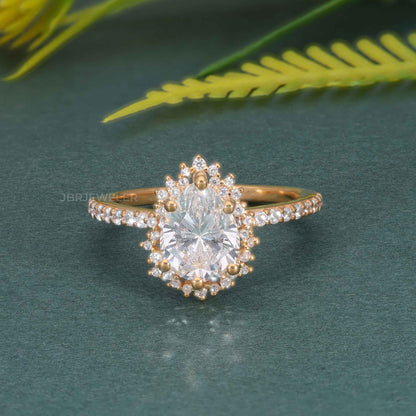 Sunburst Pear Cut Lab Diamond Halo Engagement Ring