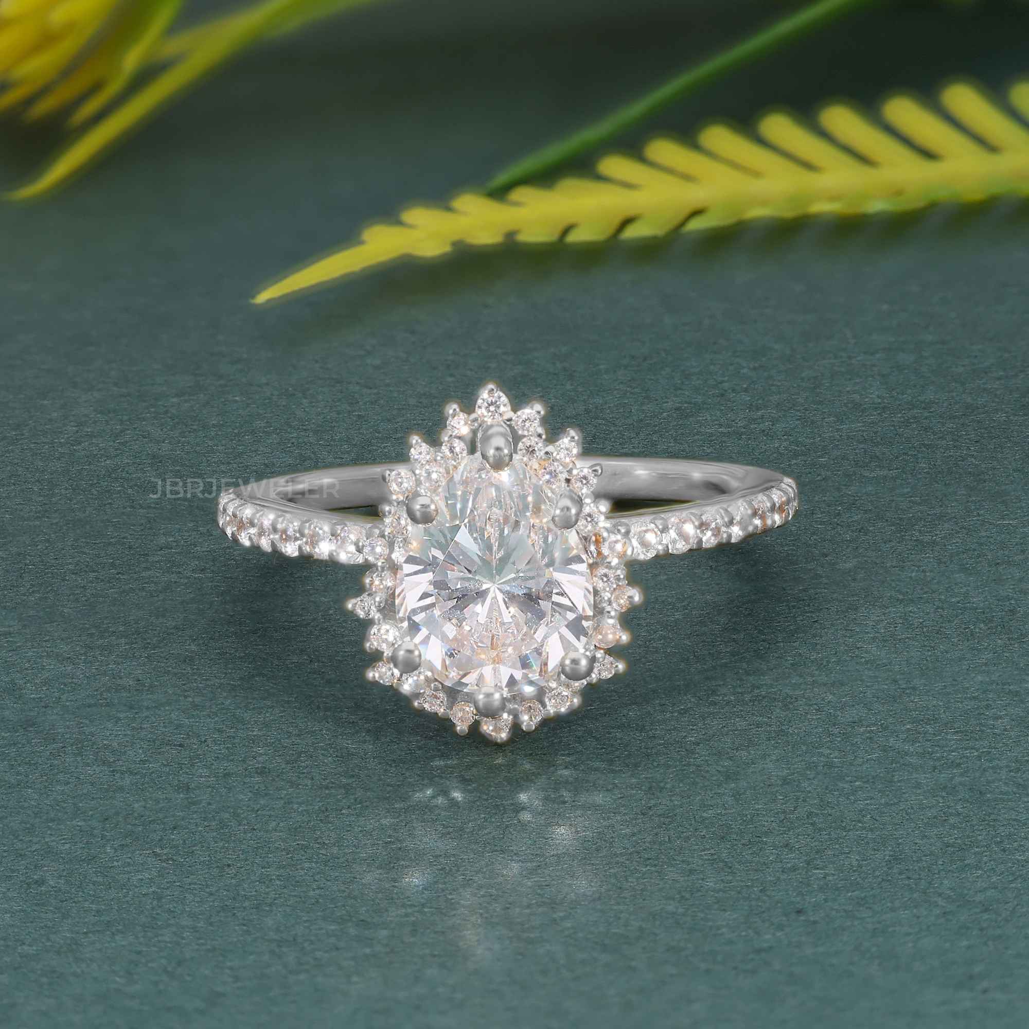 Sunburst Pear Cut Moissanite Diamond Halo Engagement Ring - JBR Jeweler