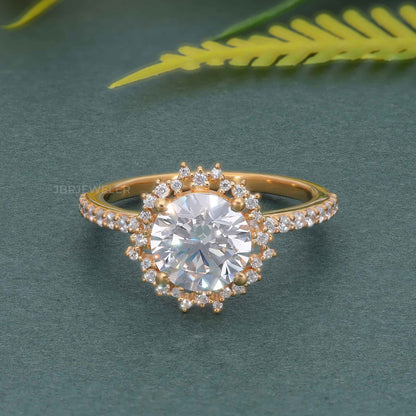 Sunburst Round Cut Lab Diamond Halo Engagement Ring