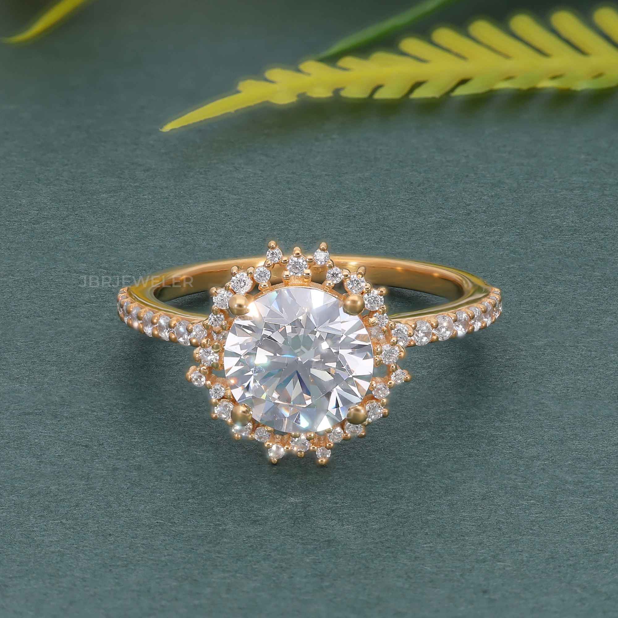 Sunburst Round Cut Moissanite Diamond Halo Engagement Ring - JBR Jeweler