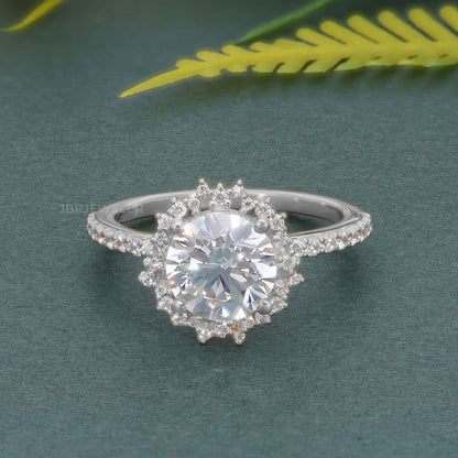 Sunburst Round Cut Lab Diamond Halo Engagement Ring