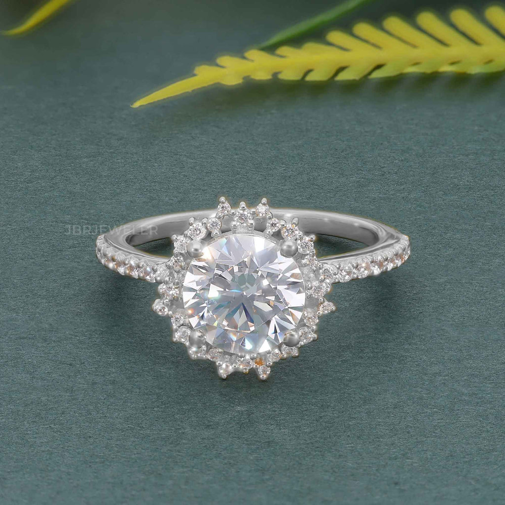 Sunburst Round Cut Moissanite Diamond Halo Engagement Ring - JBR Jeweler