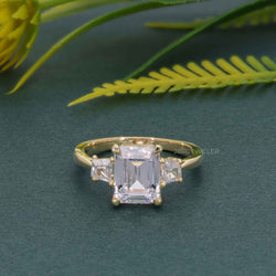 Three Stone Emerald  Moissanite Diamond Engagement Ring With Side Trapezoid