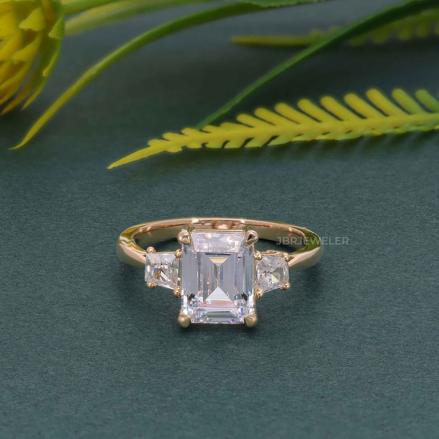 Three Stone Emerald  Moissanite Diamond Engagement Ring With Side Trapezoid