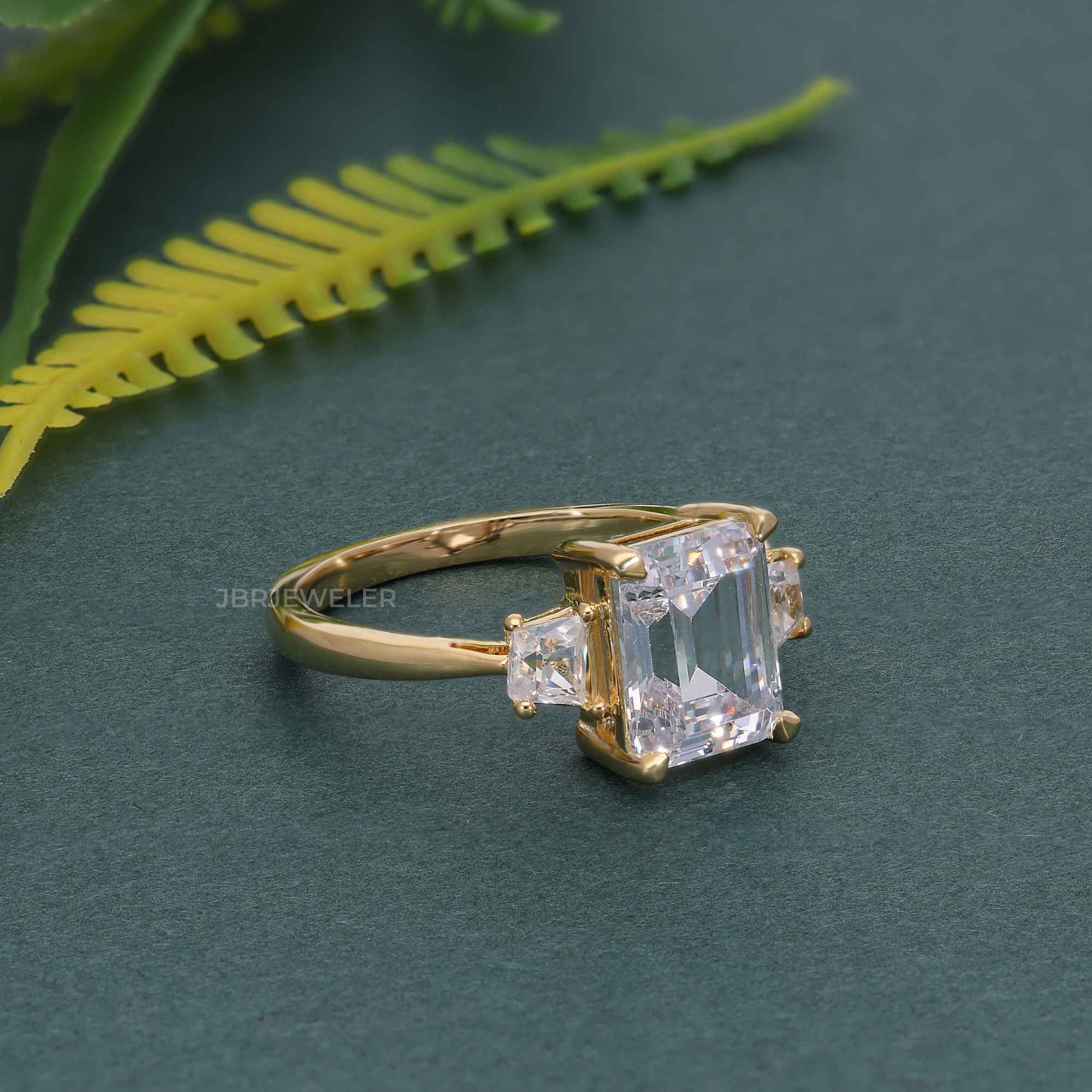 Three Stone Emerald  Lab Diamond Engagement Ring With Side Trapezoid - JBR Jeweler