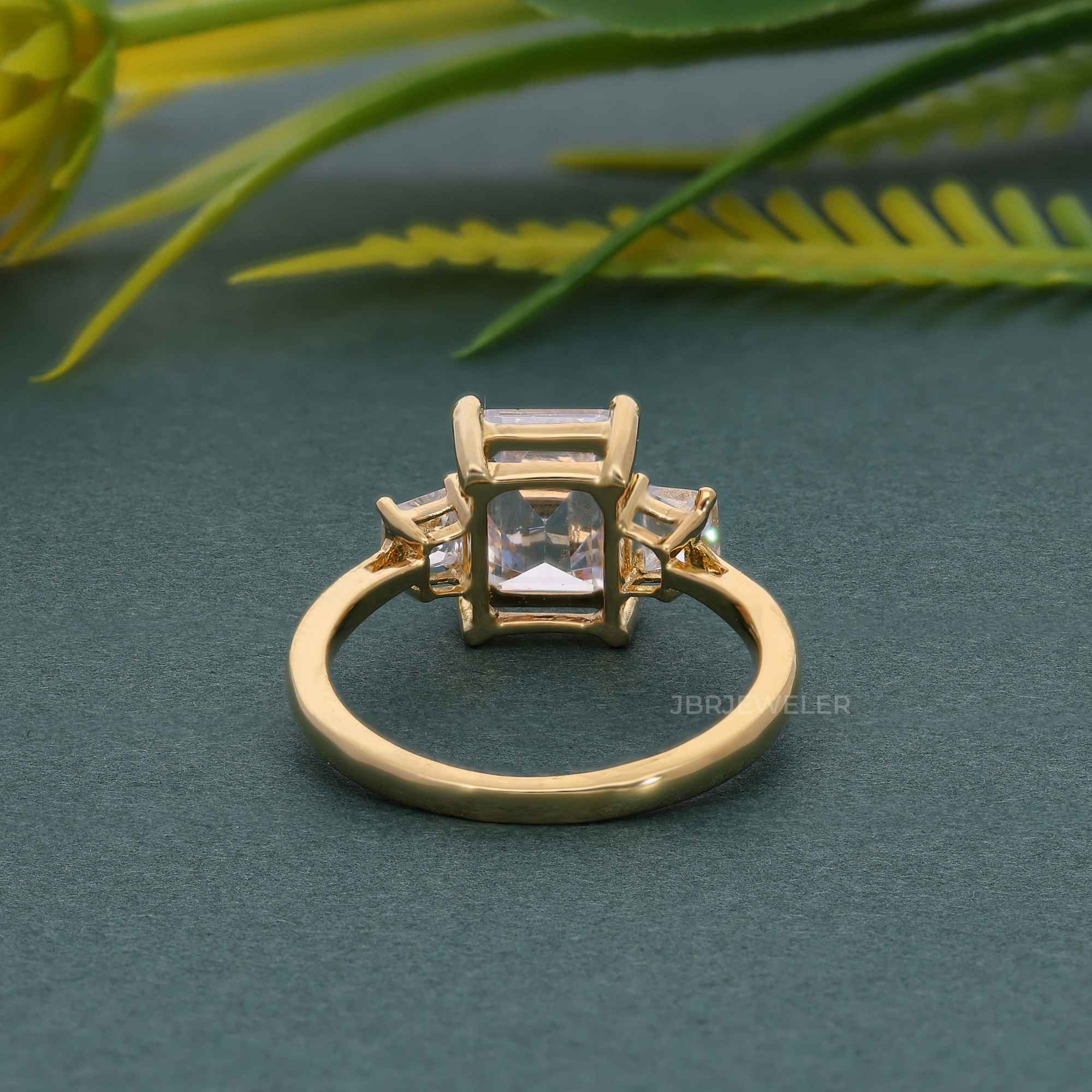 Three Stone Emerald  Lab Diamond Engagement Ring With Side Trapezoid - JBR Jeweler