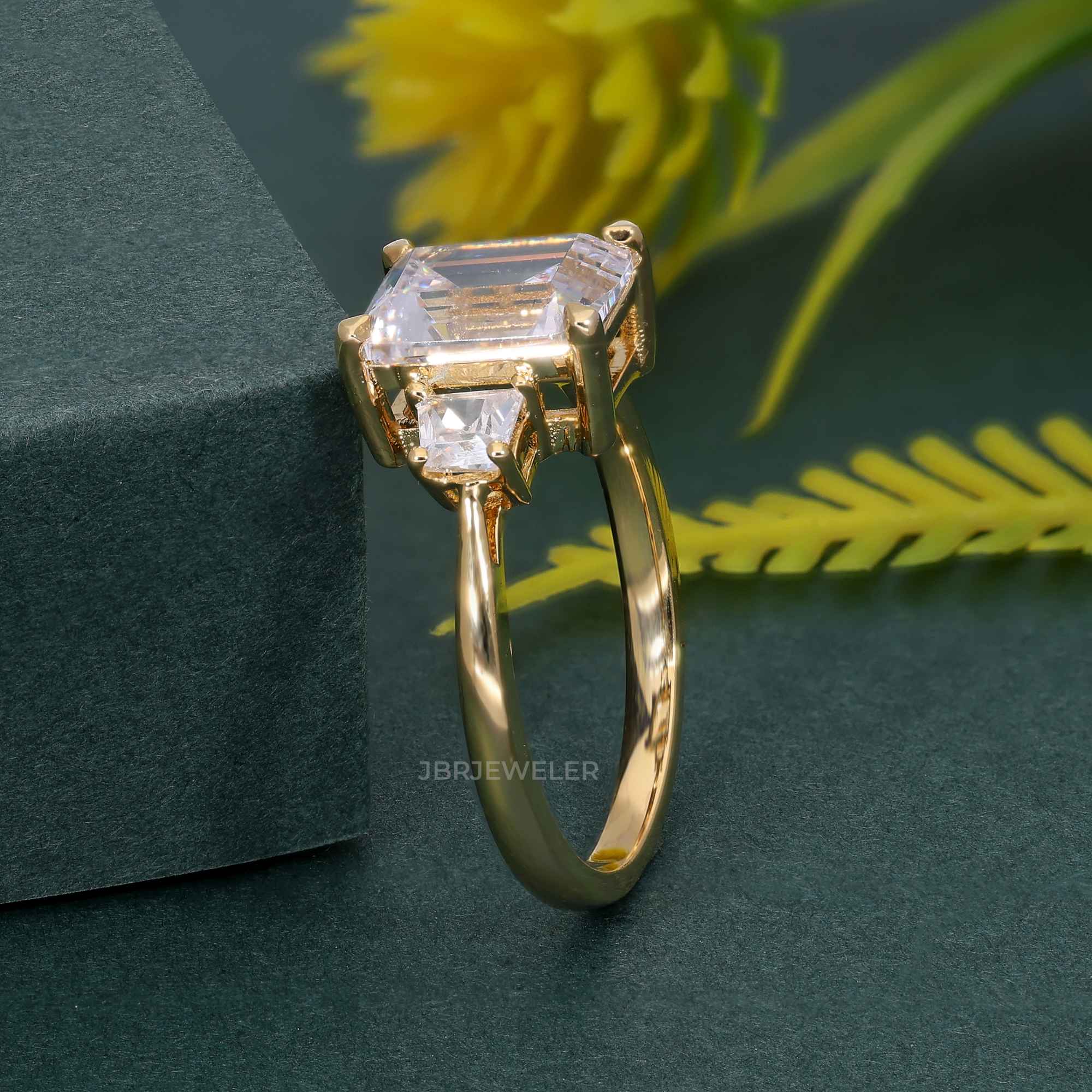 Three Stone Emerald  Lab Diamond Engagement Ring With Side Trapezoid - JBR Jeweler