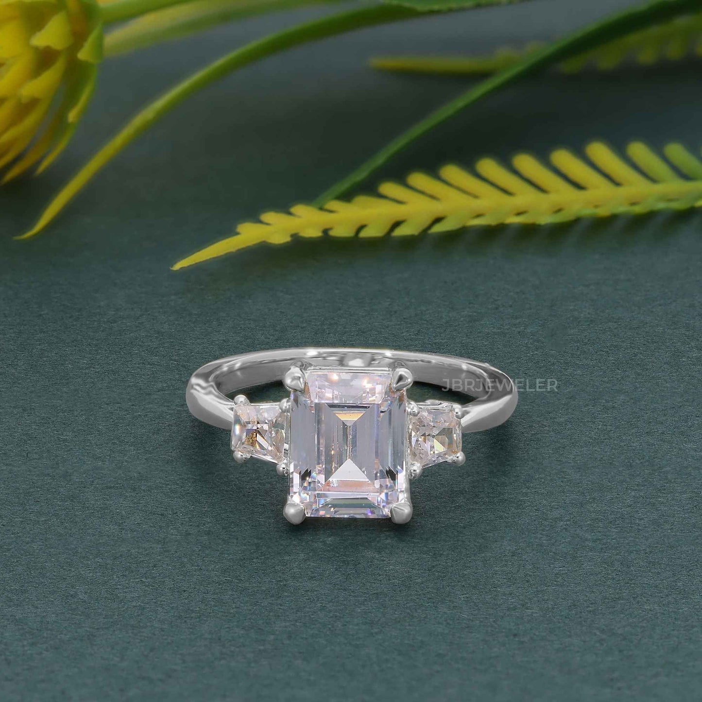 Three Stone Emerald  Moissanite Diamond Engagement Ring With Side Trapezoid