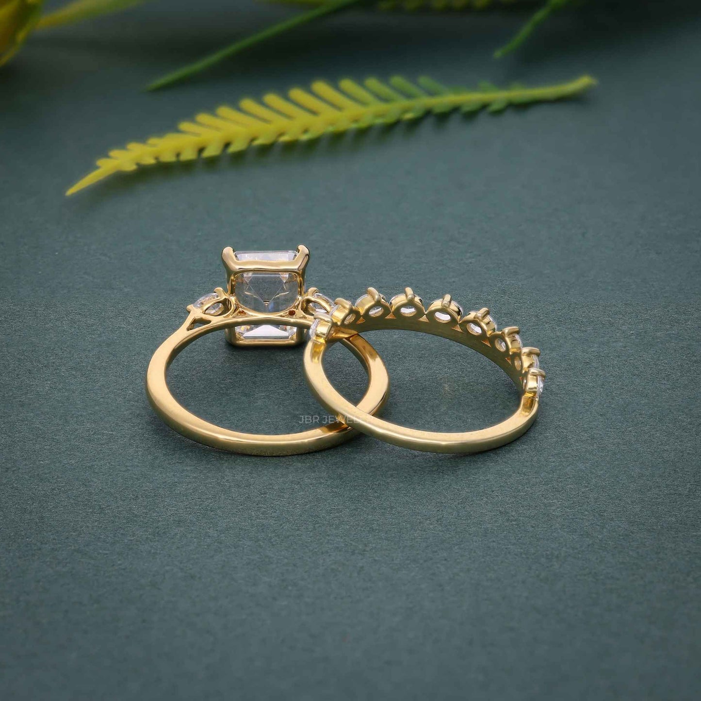 Three Stone Lab Grown Diamond Emerald Cut Bridal Wedding Ring With Matching Band