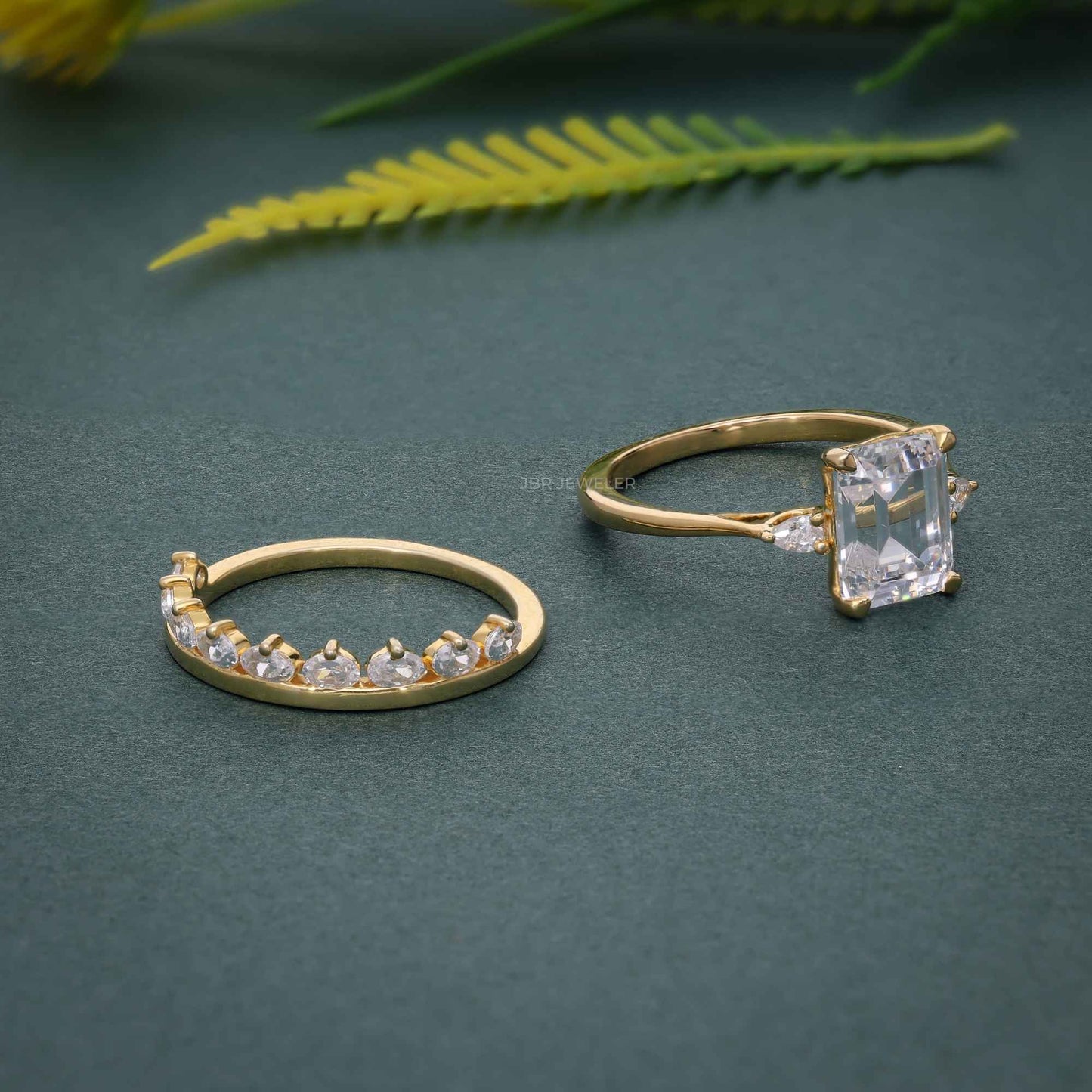 Three Stone Moissanite Diamond Emerald Cut Bridal Wedding Ring With Matching Band