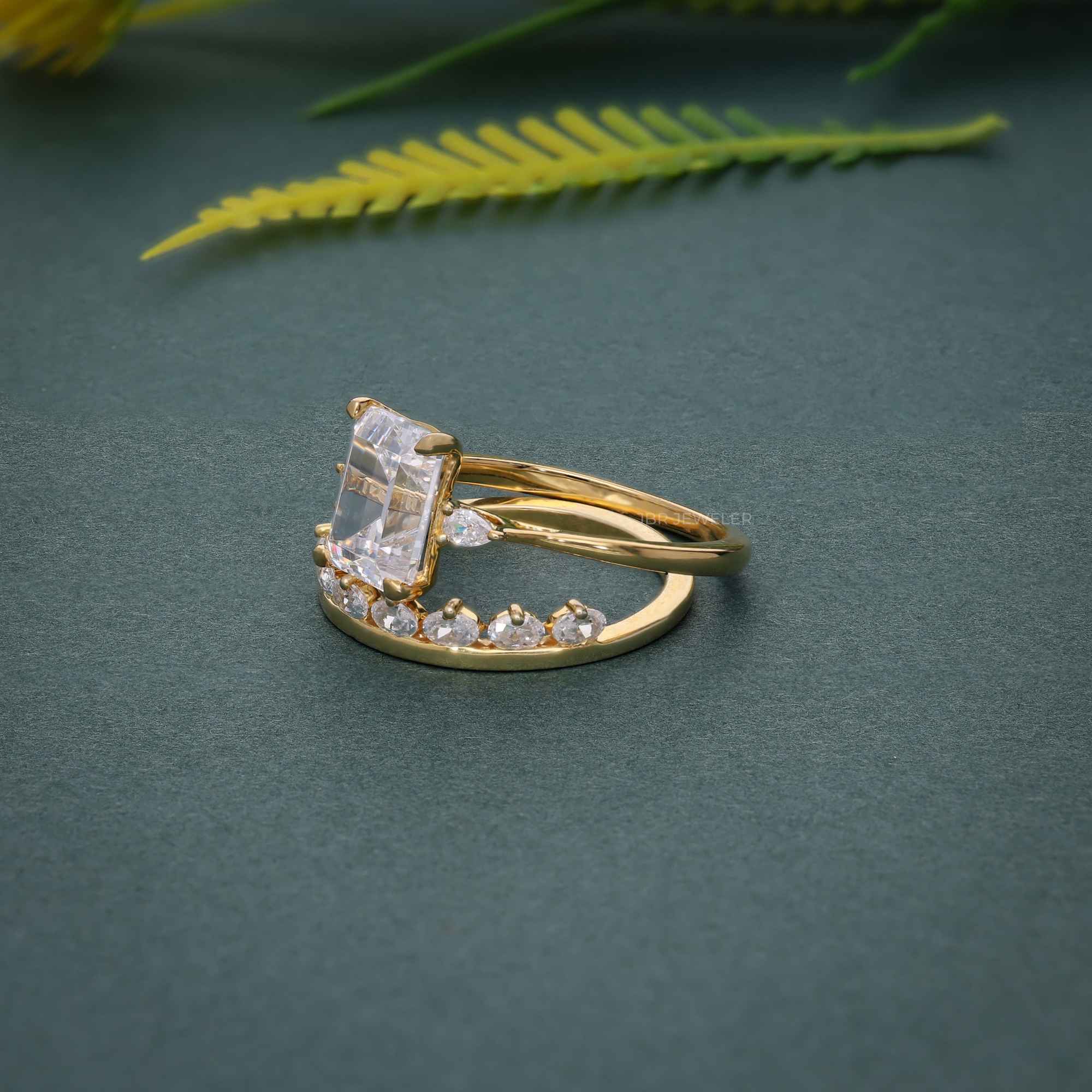Three Stone Moissanite Diamond Emerald Cut Bridal Wedding Ring With Matching Band - JBR Jeweler