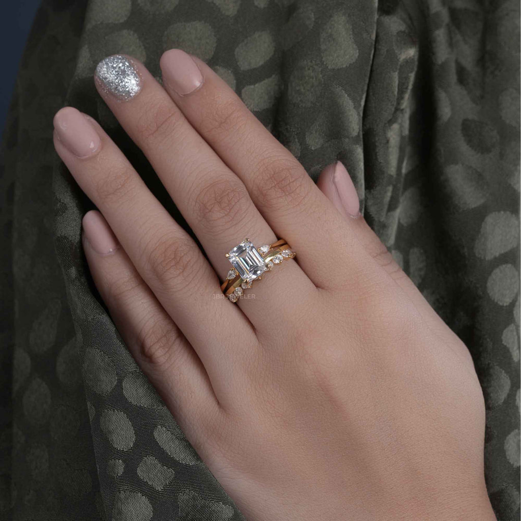 Three Stone Lab Grown Diamond Emerald Cut Bridal Wedding Ring With Matching Band - JBR Jeweler