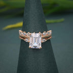 Three Stone Moissanite Diamond Emerald Cut Bridal Wedding Ring With Matching Band - JBR Jeweler