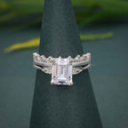 Three Stone Moissanite Diamond Emerald Cut Bridal Wedding Ring With Matching Band - JBR Jeweler