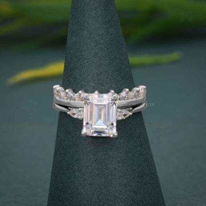 Three Stone Moissanite Diamond Emerald Cut Bridal Wedding Ring With Matching Band