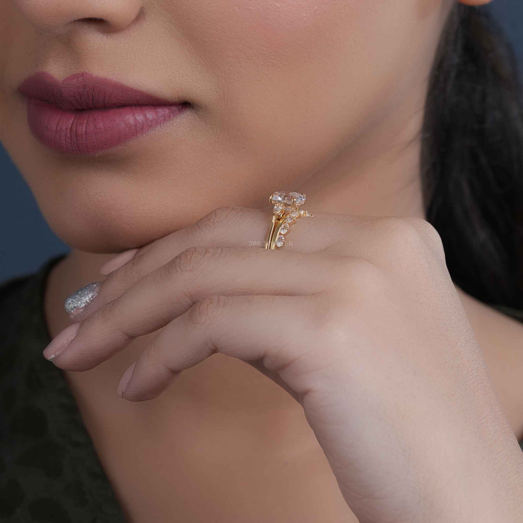 Three Stone Lab Grown Diamond Oval Cut Bridal Ring Set With Wedding Band - JBR Jeweler