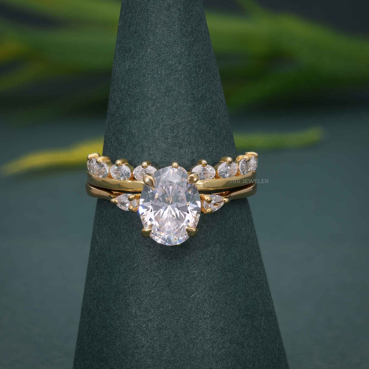 Three Stone Moissanite Diamond Oval Cut Bridal Ring Set With Wedding Band