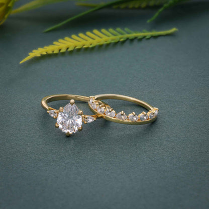 Three Stone Lab Grown Diamond Pear Cut Bridal Ring Set