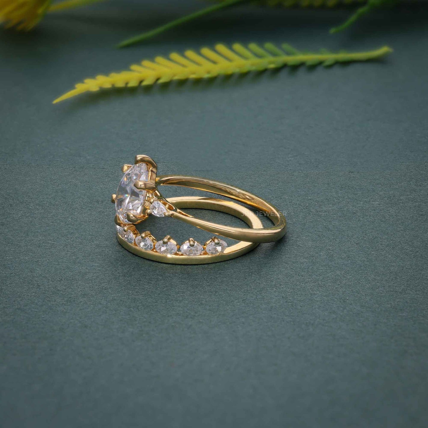 Three Stone Lab Grown Diamond Pear Cut Bridal Ring Set