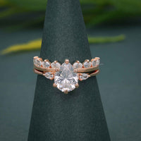 Three Stone Moissanite Diamond Pear Cut Bridal Ring Set