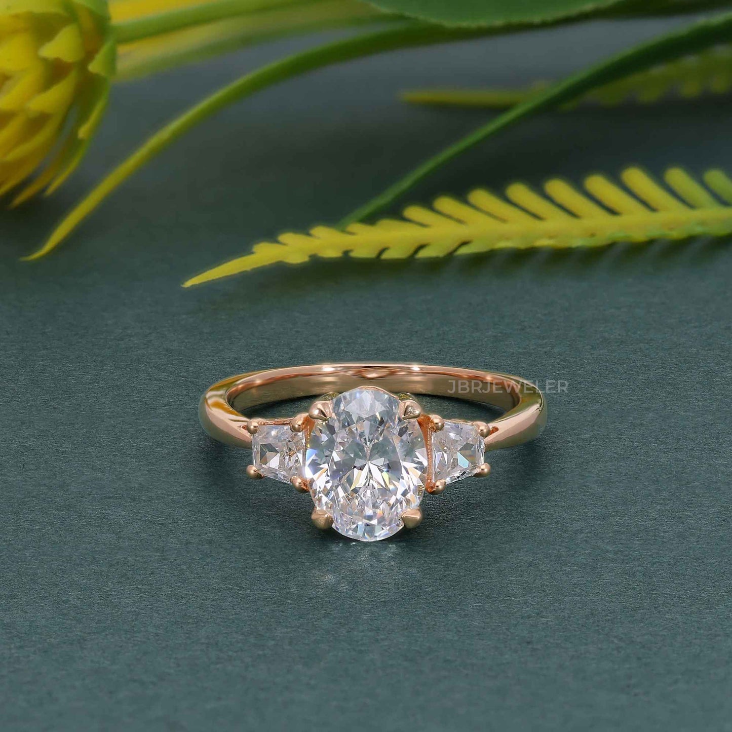 Three Stone Oval Cut Lab Diamond Engagement Ring With Side Trapezoid