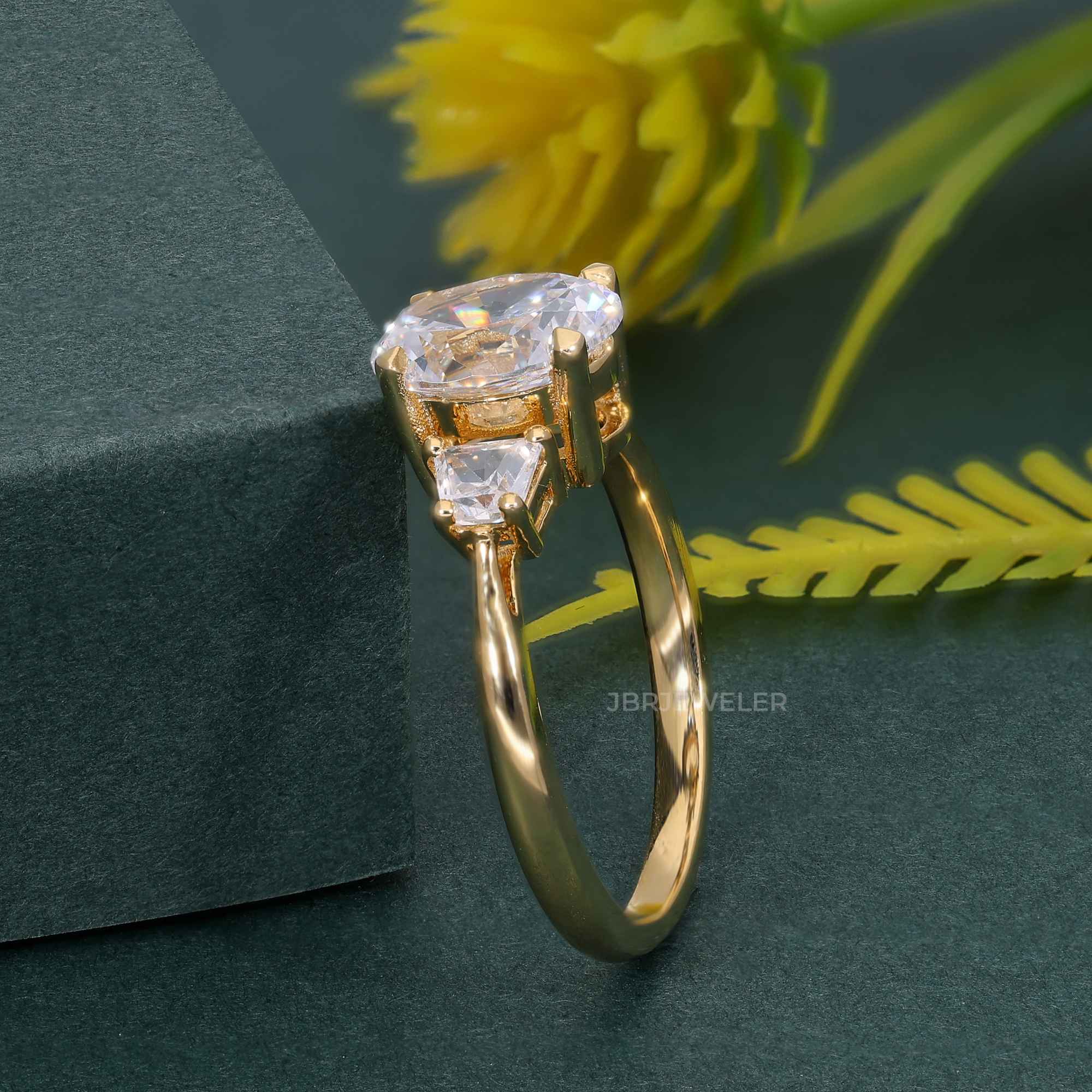 Three Stone Oval Cut Moissanite Diamond Engagement Ring With Side Trapezoid - JBR Jeweler
